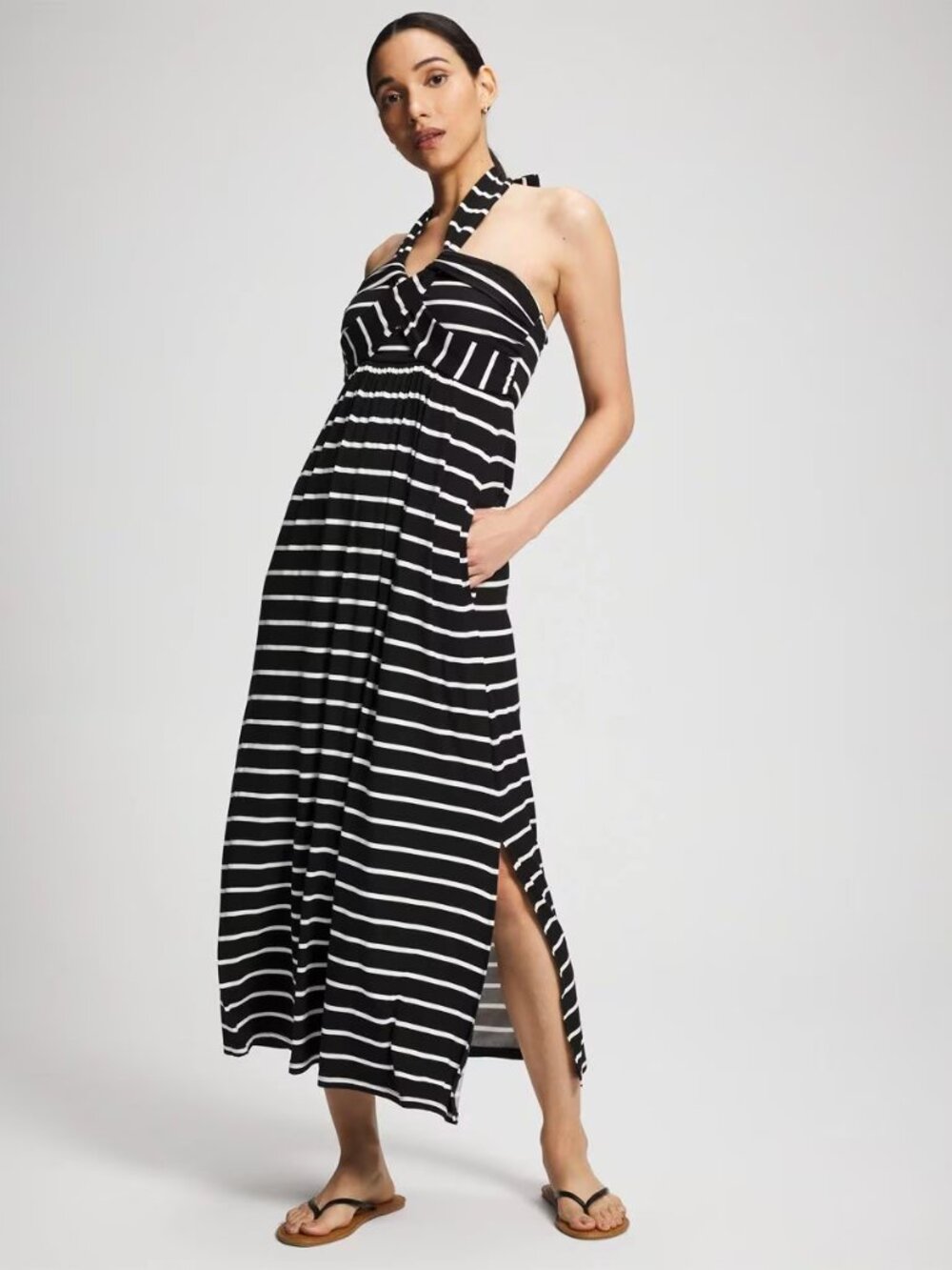 Soma Soft Jersey Twist-Front Halter Striped Knit Maxi Bra Dress Small NWT